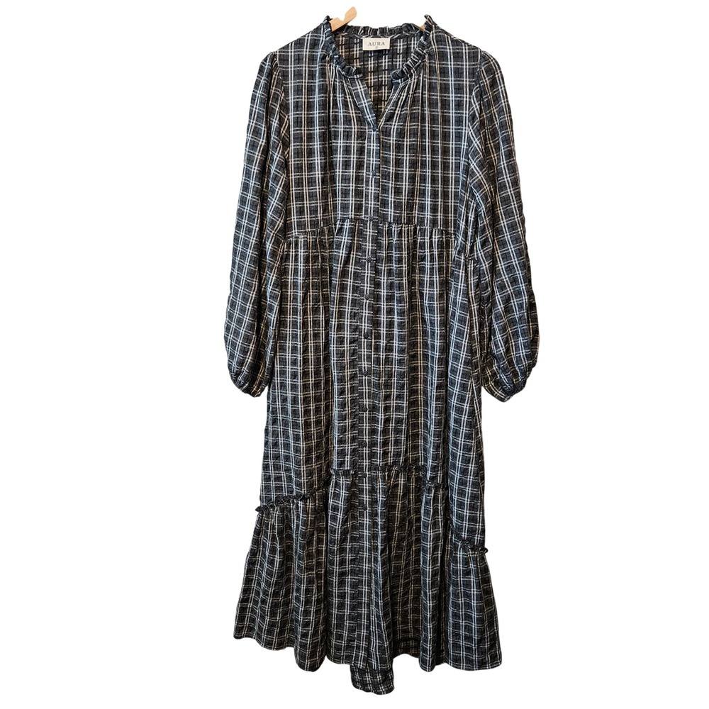 Aura Charcoal Grey Plaid Button Front Tiered Midi Dress Pockets Women's Large